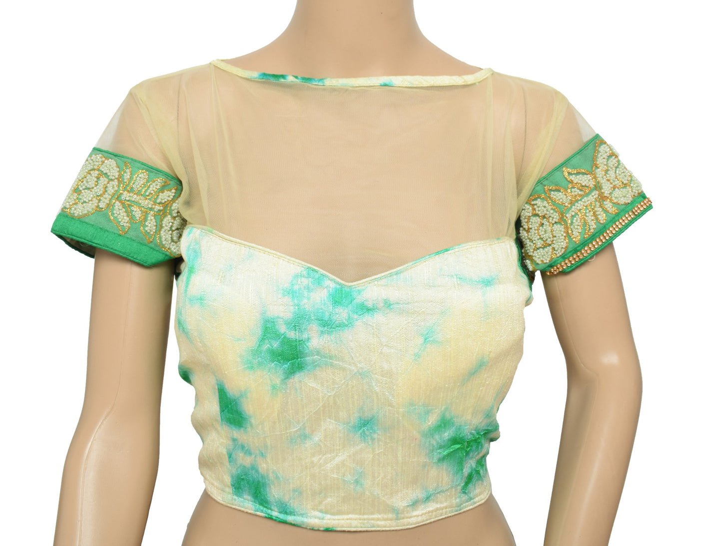 Sushila Vintage Sari Blouse Batik Print Readymade Cream Designer Padded Top 36"