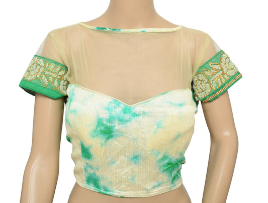 Sushila Vintage Sari Blouse Batik Print Readymade Cream Designer Padded Top 36"