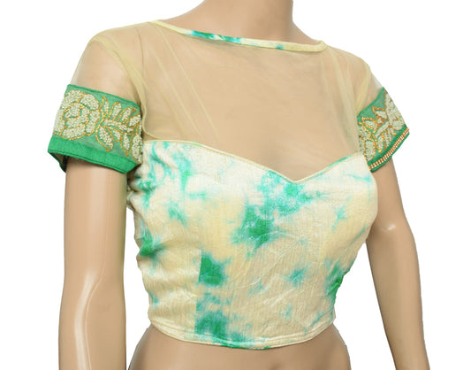 Sushila Vintage Sari Blouse Batik Print Readymade Cream Designer Padded Top 36"