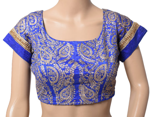 Sushila Vintage Blue Silk Stitched Sari Blouse Zari Embroidered Designer Top 36"