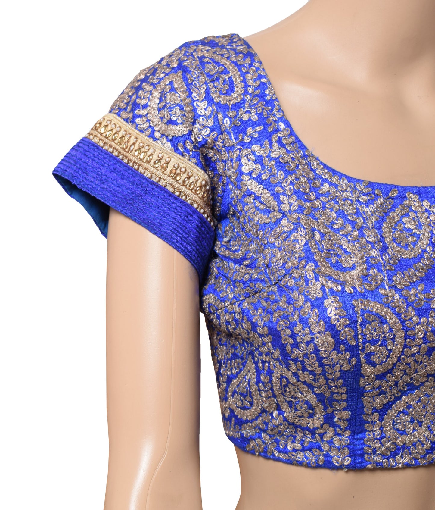 Sushila Vintage Blue Silk Stitched Sari Blouse Zari Embroidered Designer Top 36"