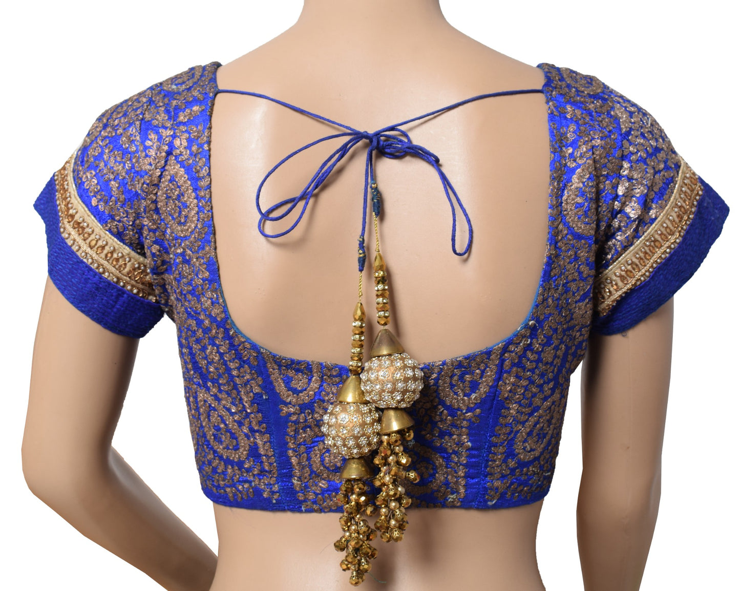 Sushila Vintage Blue Silk Stitched Sari Blouse Zari Embroidered Designer Top 36"