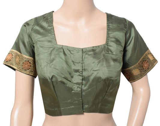 Sushila Vintage Sari Blouse Pure Silk Readymade Stitched Woven Green Choli 38"
