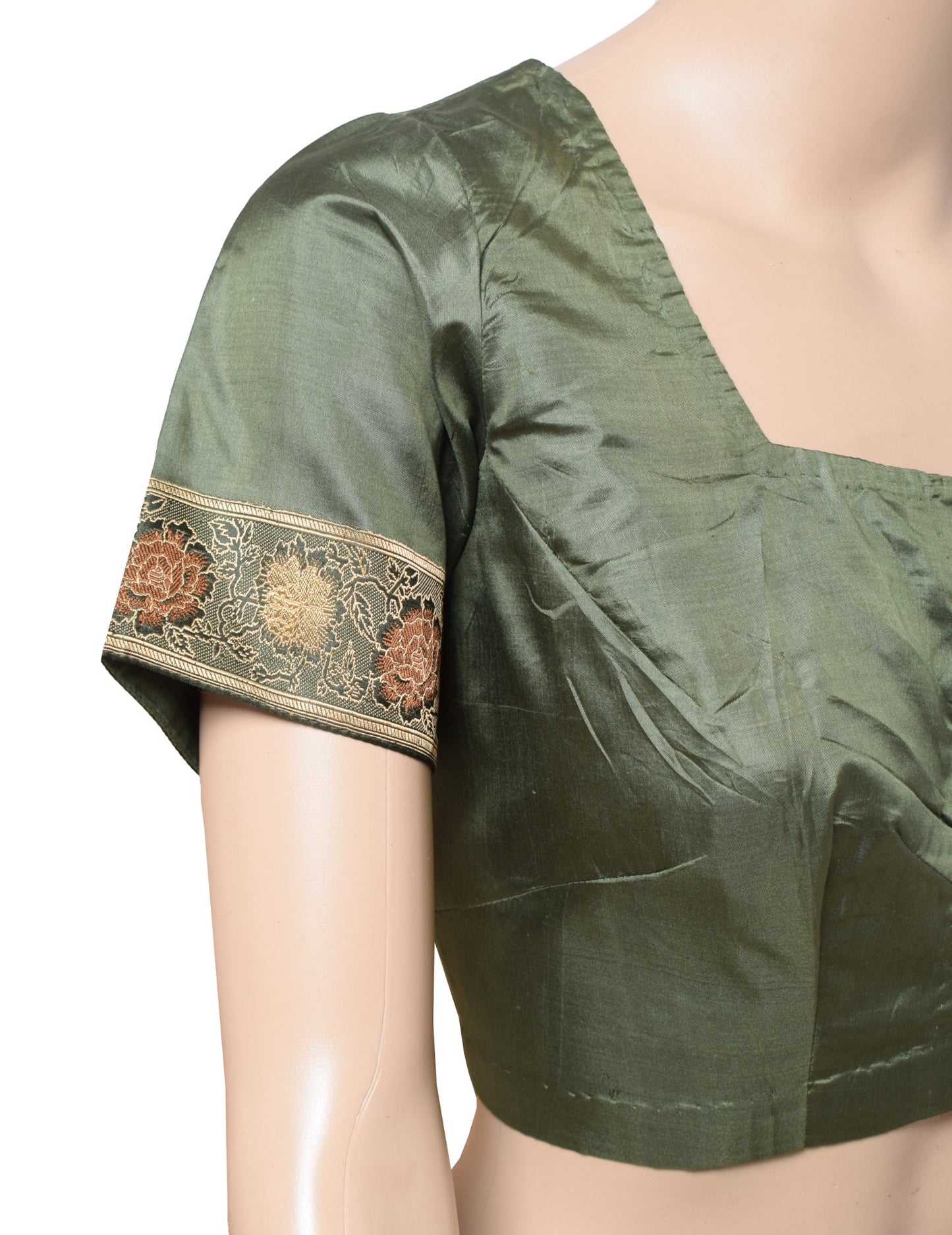 Sushila Vintage Sari Blouse Pure Silk Readymade Stitched Woven Green Choli 38"