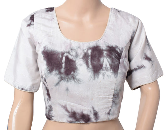 Sushila Vintage Readymade Gray Sari Blouse Batik Print Pure Cotton Silk Top 38"