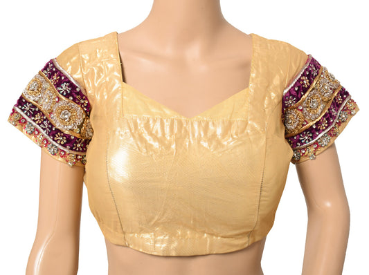 Sushila Vintage Golden Sari Blouse Padded Hand Beaded HEAVY Net Readymade Top38"