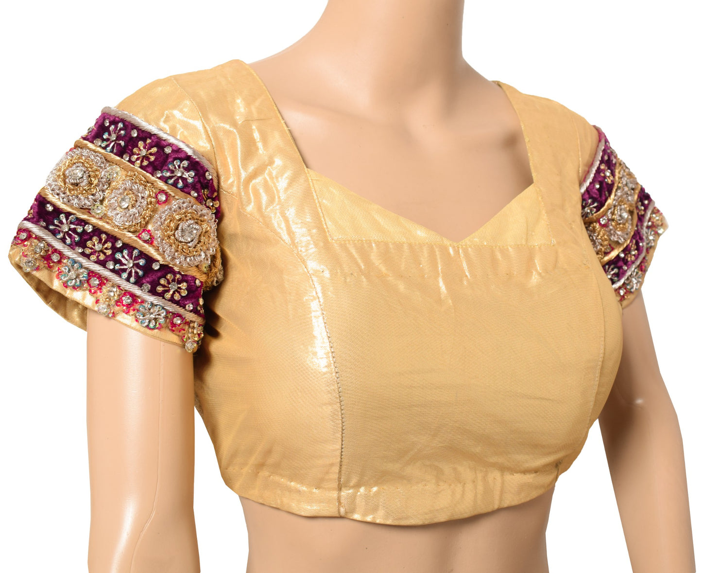 Sushila Vintage Golden Sari Blouse Padded Hand Beaded HEAVY Net Readymade Top38"