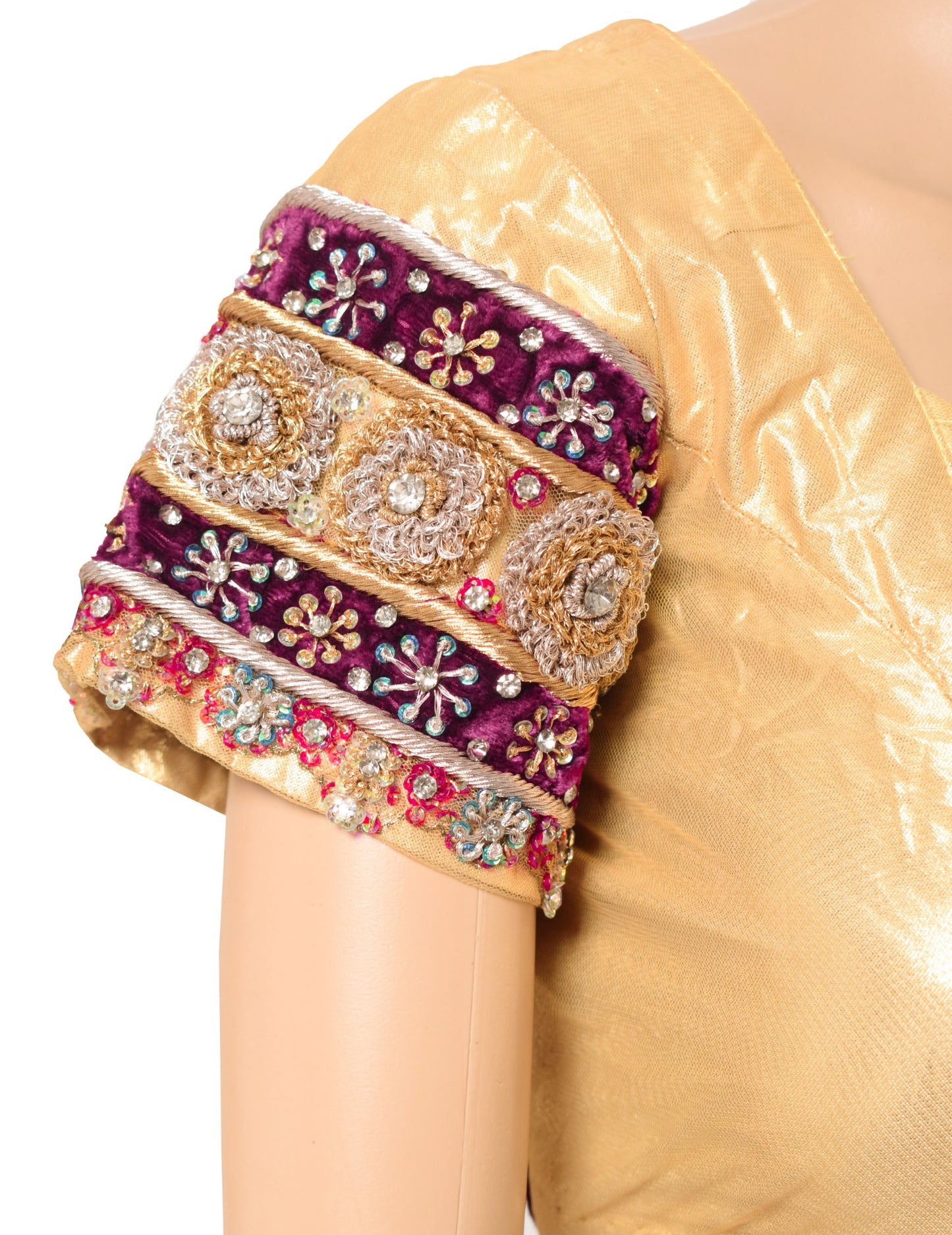 Sushila Vintage Golden Sari Blouse Padded Hand Beaded HEAVY Net Readymade Top38"