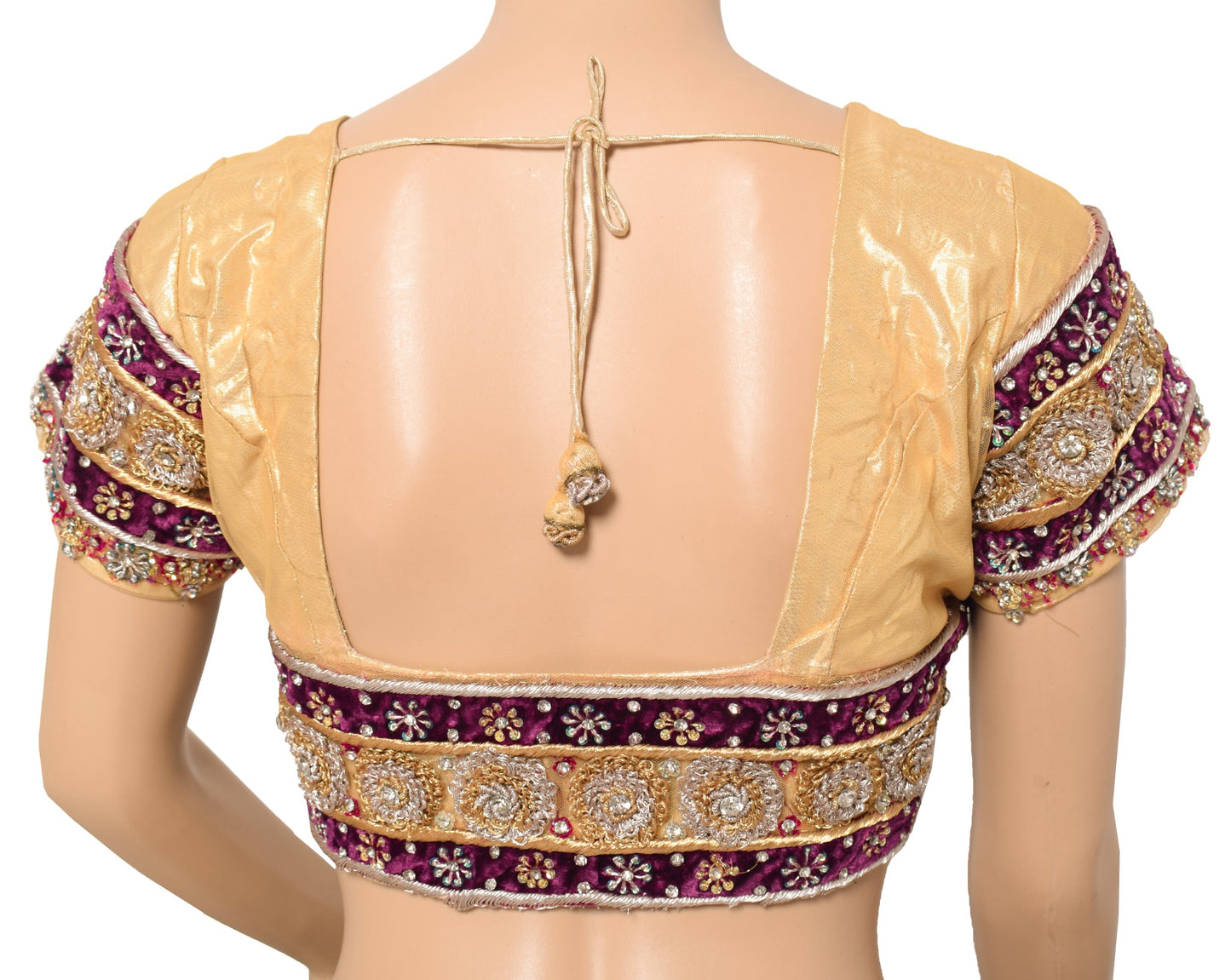 Sushila Vintage Golden Sari Blouse Padded Hand Beaded HEAVY Net Readymade Top38"