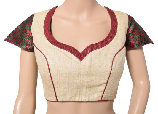 Sushila Vintage Readymade Cream Sari Blouse Khadi Cotton Woven Designer Choli38"