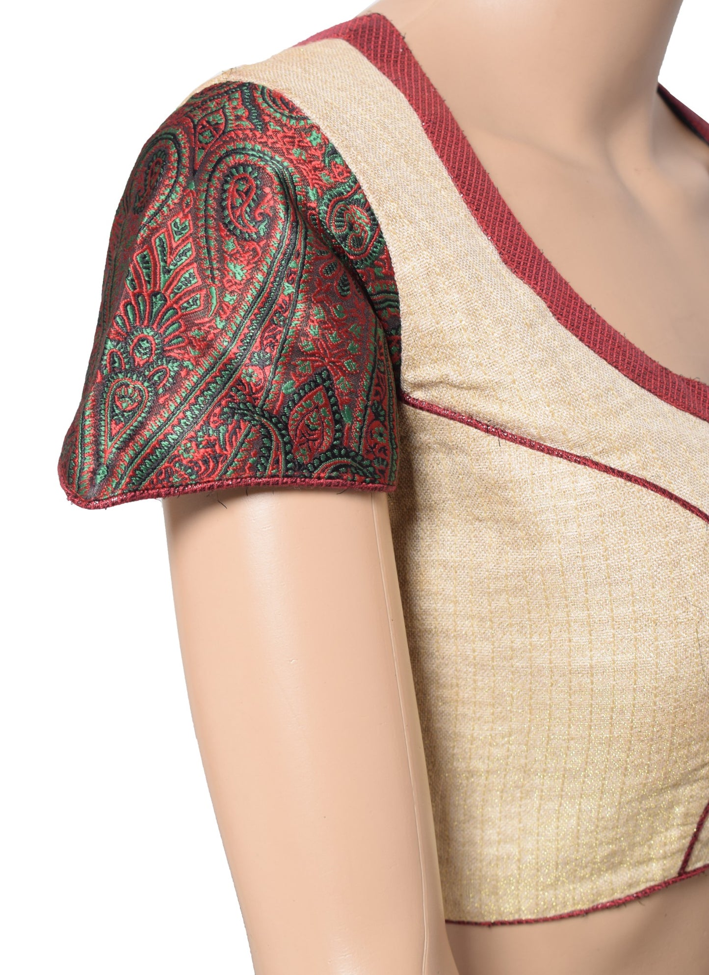 Sushila Vintage Readymade Cream Sari Blouse Khadi Cotton Woven Designer Choli38"