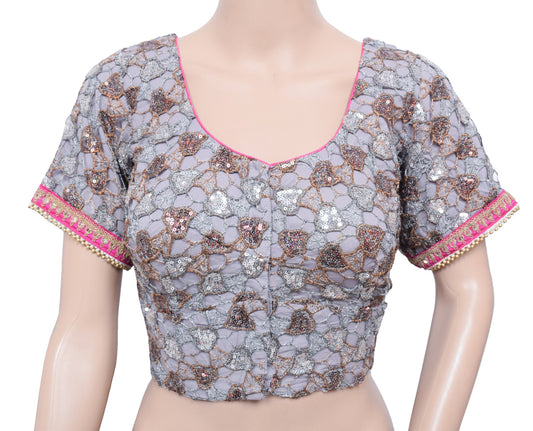 Sushila Vintage Readymade Designer Sari Blouse NetGray Sequins Embellish 38"Top