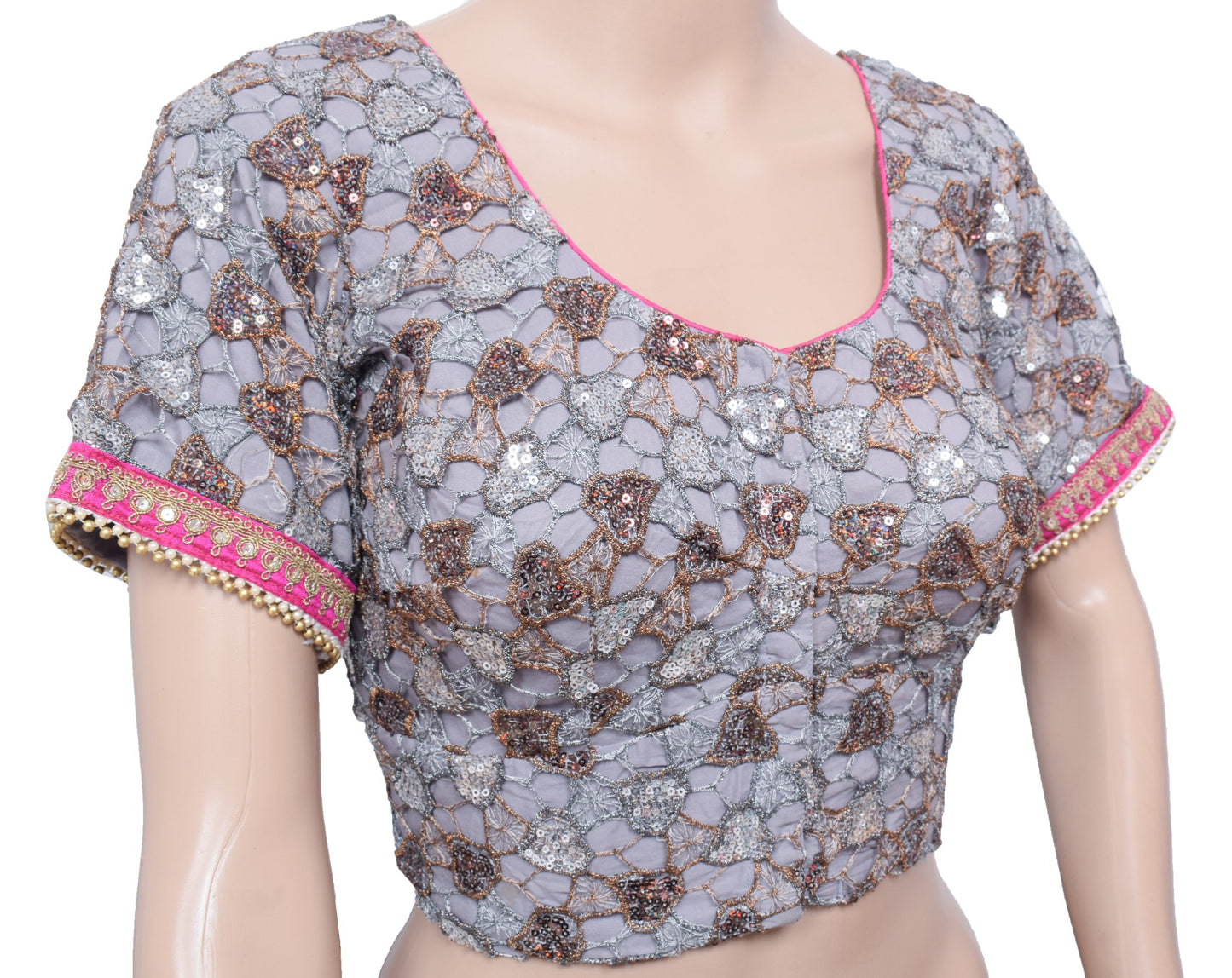 Sushila Vintage Readymade Designer Sari Blouse NetGray Sequins Embellish 38"Top