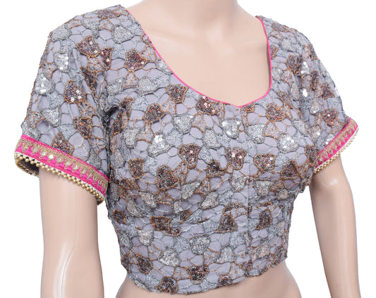 Sushila Vintage Readymade Designer Sari Blouse NetGray Sequins Embellish 38"Top