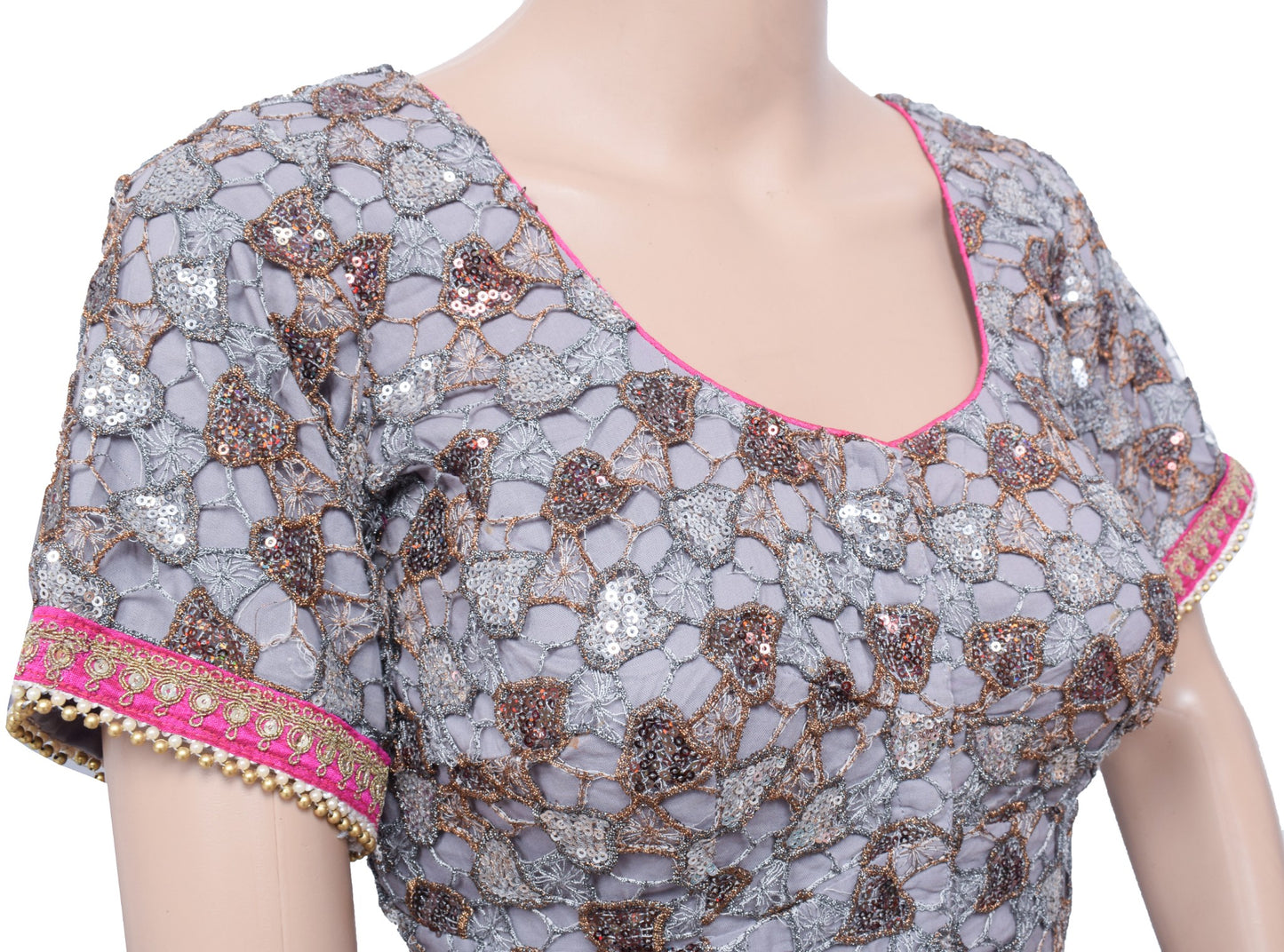 Sushila Vintage Readymade Designer Sari Blouse NetGray Sequins Embellish 38"Top