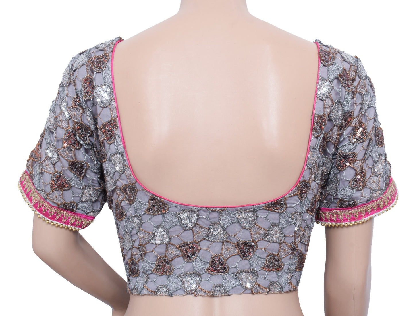 Sushila Vintage Readymade Designer Sari Blouse NetGray Sequins Embellish 38"Top