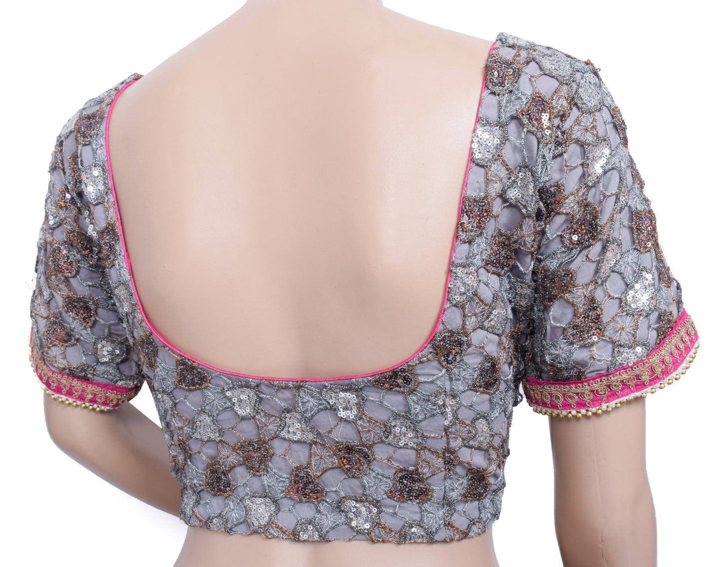 Sushila Vintage Readymade Designer Sari Blouse NetGray Sequins Embellish 38"Top