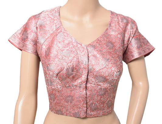 Sushila Vintage Readymade Salmon Pink Sari Blouse Pure Tussar Silk Woven Top 42"