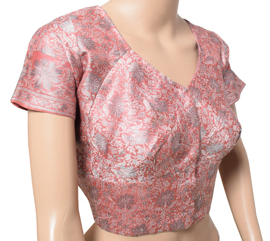 Sushila Vintage Readymade Salmon Pink Sari Blouse Pure Tussar Silk Woven Top 42"