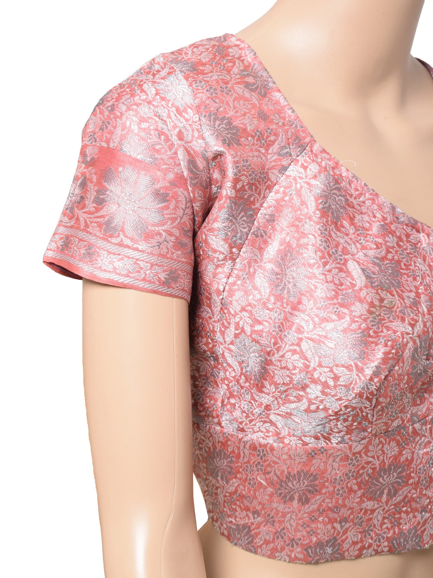 Sushila Vintage Readymade Salmon Pink Sari Blouse Pure Tussar Silk Woven Top 42"