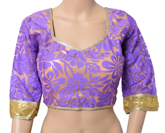Sushila Vintage Readymade Purple Sari Blouse Woven Designer Net Padded Choli 38"