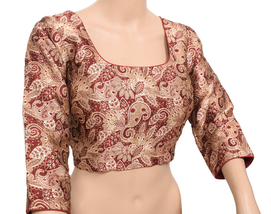 Sushila Vintage Readymade Maroon Sari Blouse Floral Woven Art Silk Padded Top36"