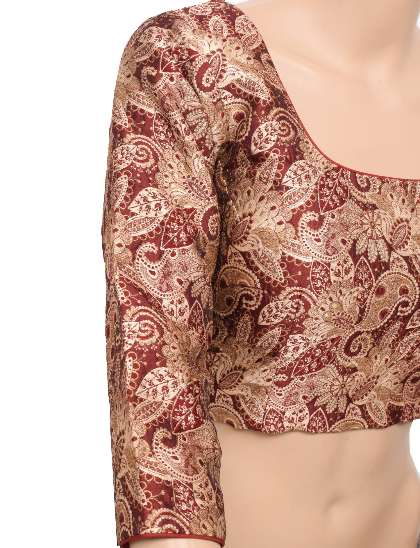 Sushila Vintage Readymade Maroon Sari Blouse Floral Woven Art Silk Padded Top36"