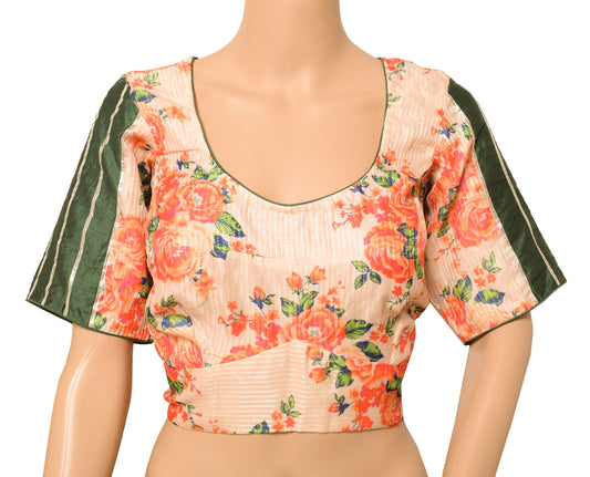 Sushila Vintage Readymade Cream Sari Blouse Digital Printed Art Silk Choli 40"