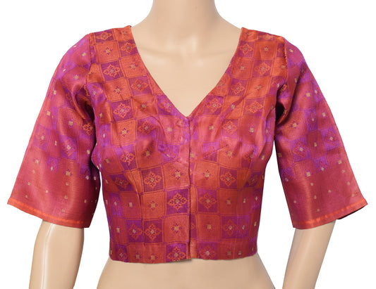 Sushila Vintage Readymade Purple Sari Blouse Checks Woven Pure Silk Choli 38"
