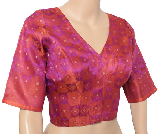 Sushila Vintage Readymade Purple Sari Blouse Checks Woven Pure Silk Choli 38"