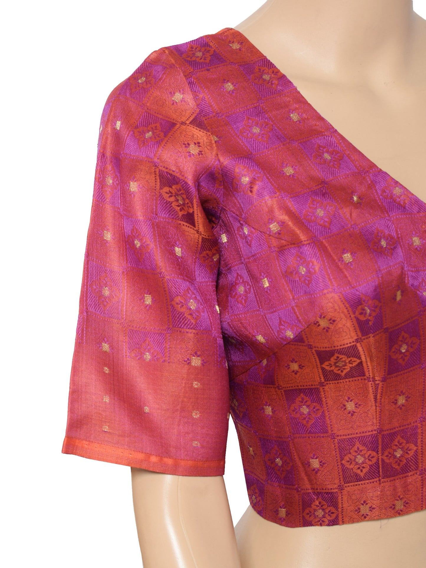 Sushila Vintage Readymade Purple Sari Blouse Checks Woven Pure Silk Choli 38"