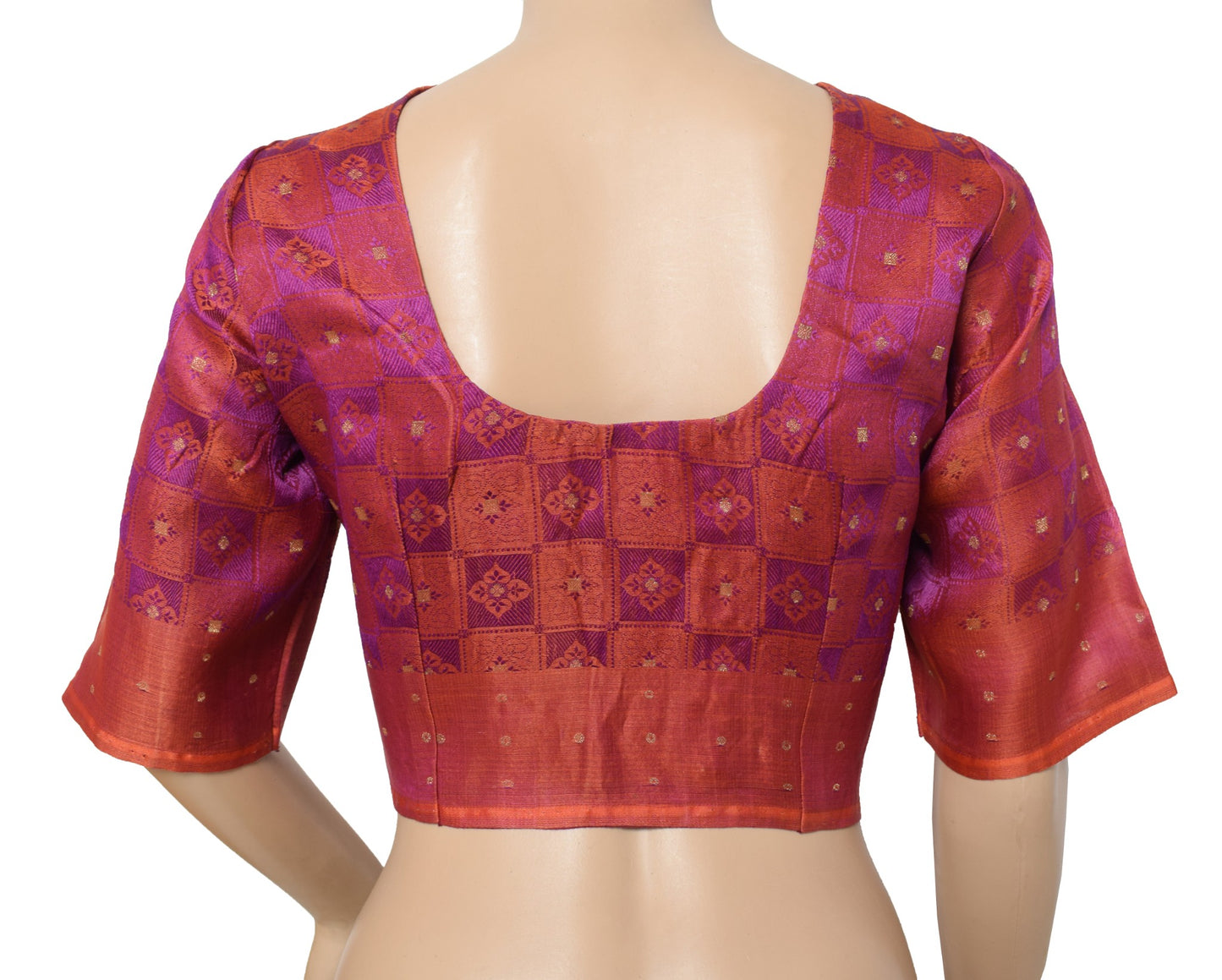 Sushila Vintage Readymade Purple Sari Blouse Checks Woven Pure Silk Choli 38"