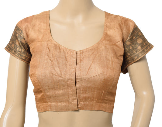 Sushila Vintage Brown Sari Blouse Pure Tussar Readymade Floral Printed Choli 40"