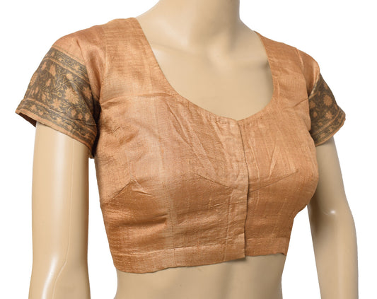 Sushila Vintage Brown Sari Blouse Pure Tussar Readymade Floral Printed Choli 40"