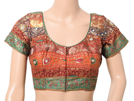 Sushila Vintage Readymade Multi-Color Sari Blouse Hand Beaded Art Silk Top 38"