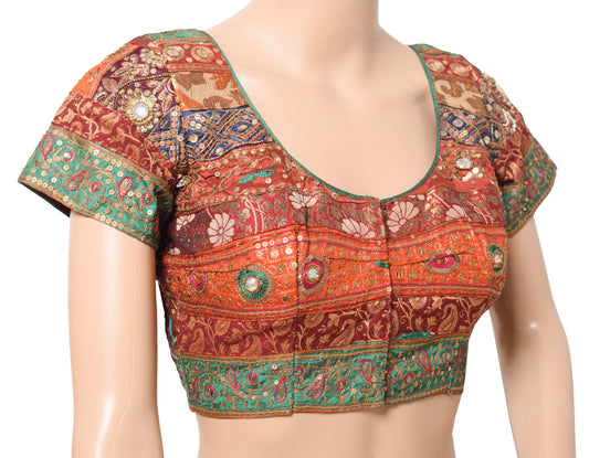 Sushila Vintage Readymade Multi-Color Sari Blouse Hand Beaded Art Silk Top 38"