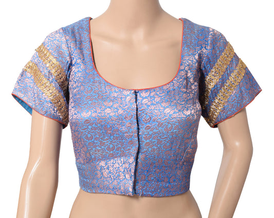 Sushila Vintage Banarasi Brocade Sari Blouse Pure Satin Readymade Blue Choli 36"