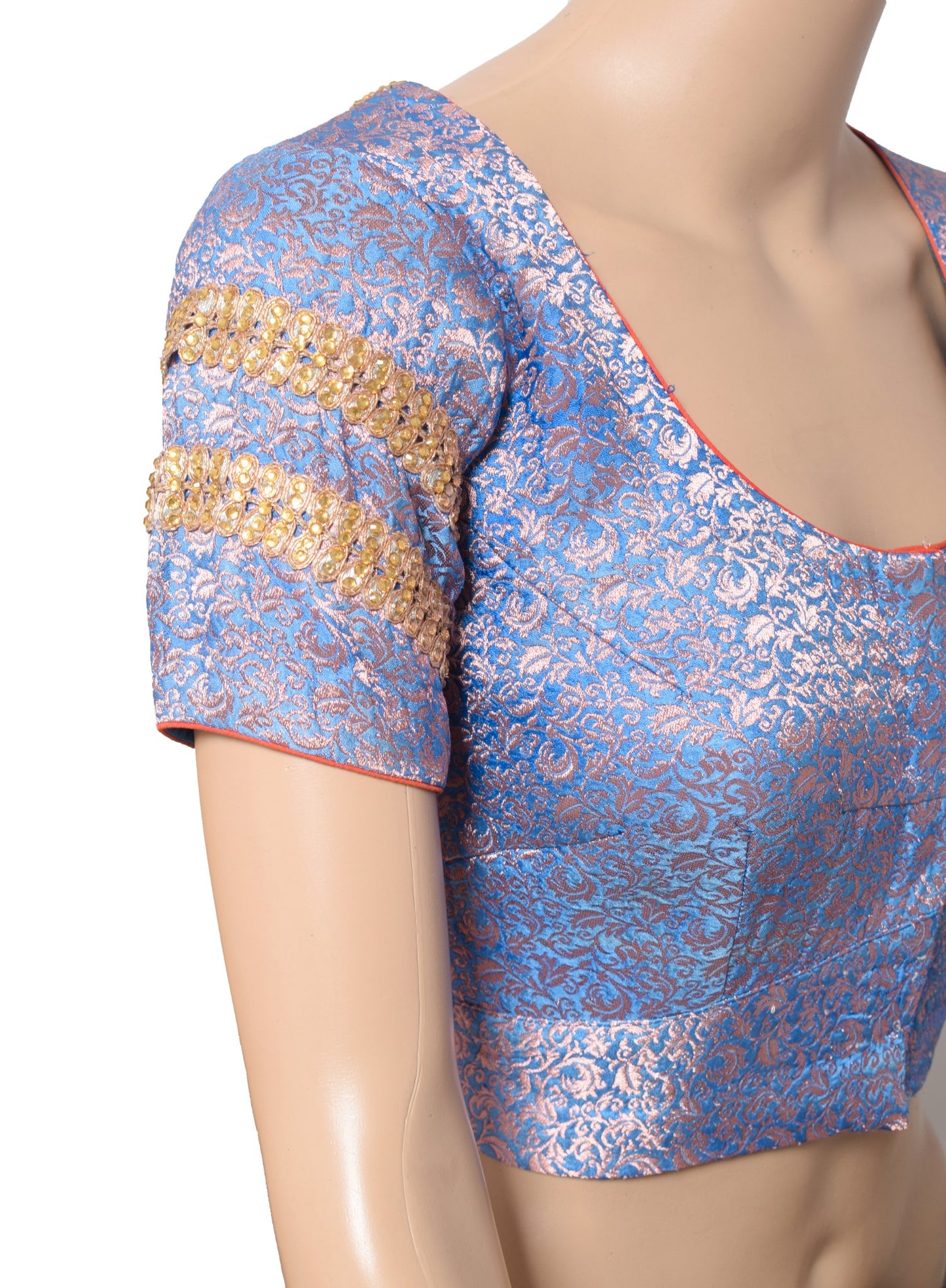Sushila Vintage Banarasi Brocade Sari Blouse Pure Satin Readymade Blue Choli 36"