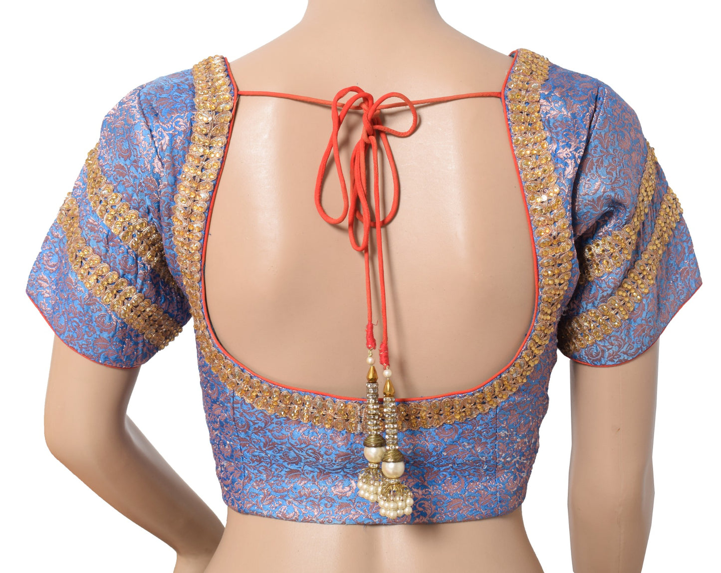 Sushila Vintage Banarasi Brocade Sari Blouse Pure Satin Readymade Blue Choli 36"
