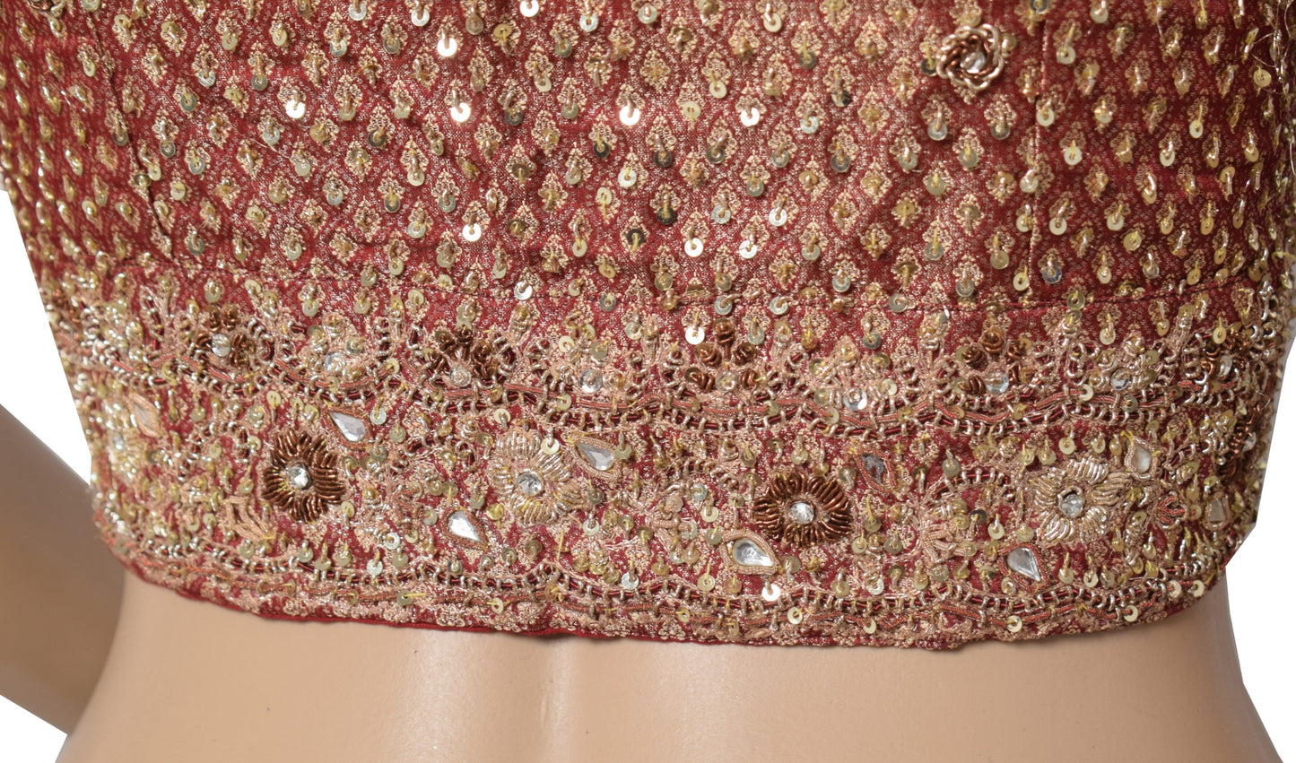 Sushila Vintage Readymade Maroon Sari Blouse Satin Zardozi Work HEAVY Choli 38"