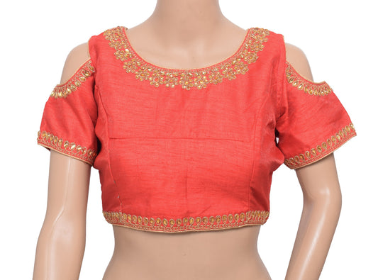 Sushila Vintage Red Stitched Sari Blouse Party Cold Shoulder Sleeves Top "38"