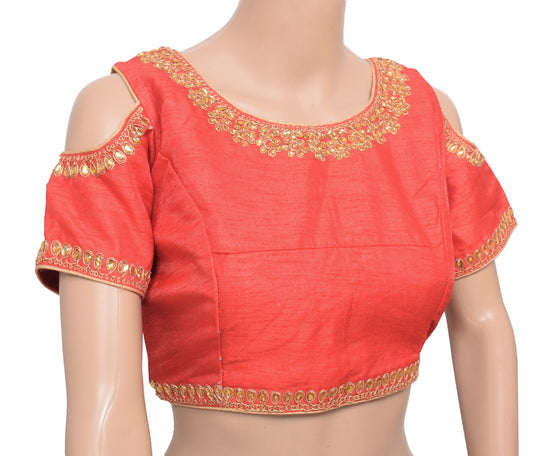 Sushila Vintage Red Stitched Sari Blouse Party Cold Shoulder Sleeves Top "38"