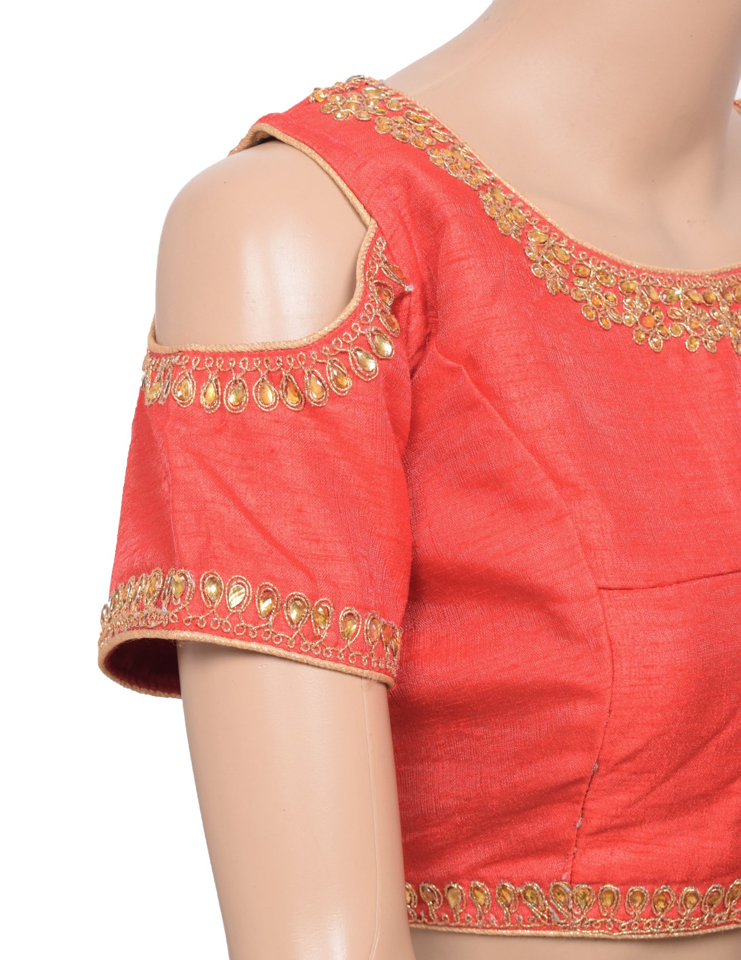 Sushila Vintage Red Stitched Sari Blouse Party Cold Shoulder Sleeves Top "38"