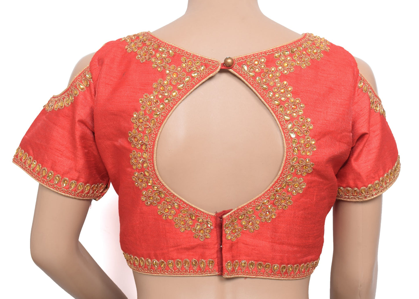 Sushila Vintage Red Stitched Sari Blouse Party Cold Shoulder Sleeves Top "38"