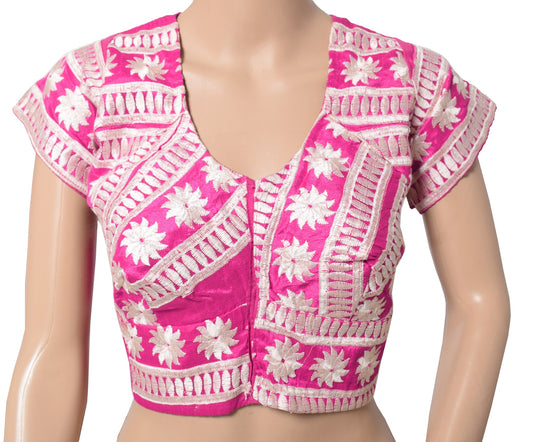 Sushila Vintage Magenta Stitch Sari Blouse Cotton Embroidered Designer Choli 44"