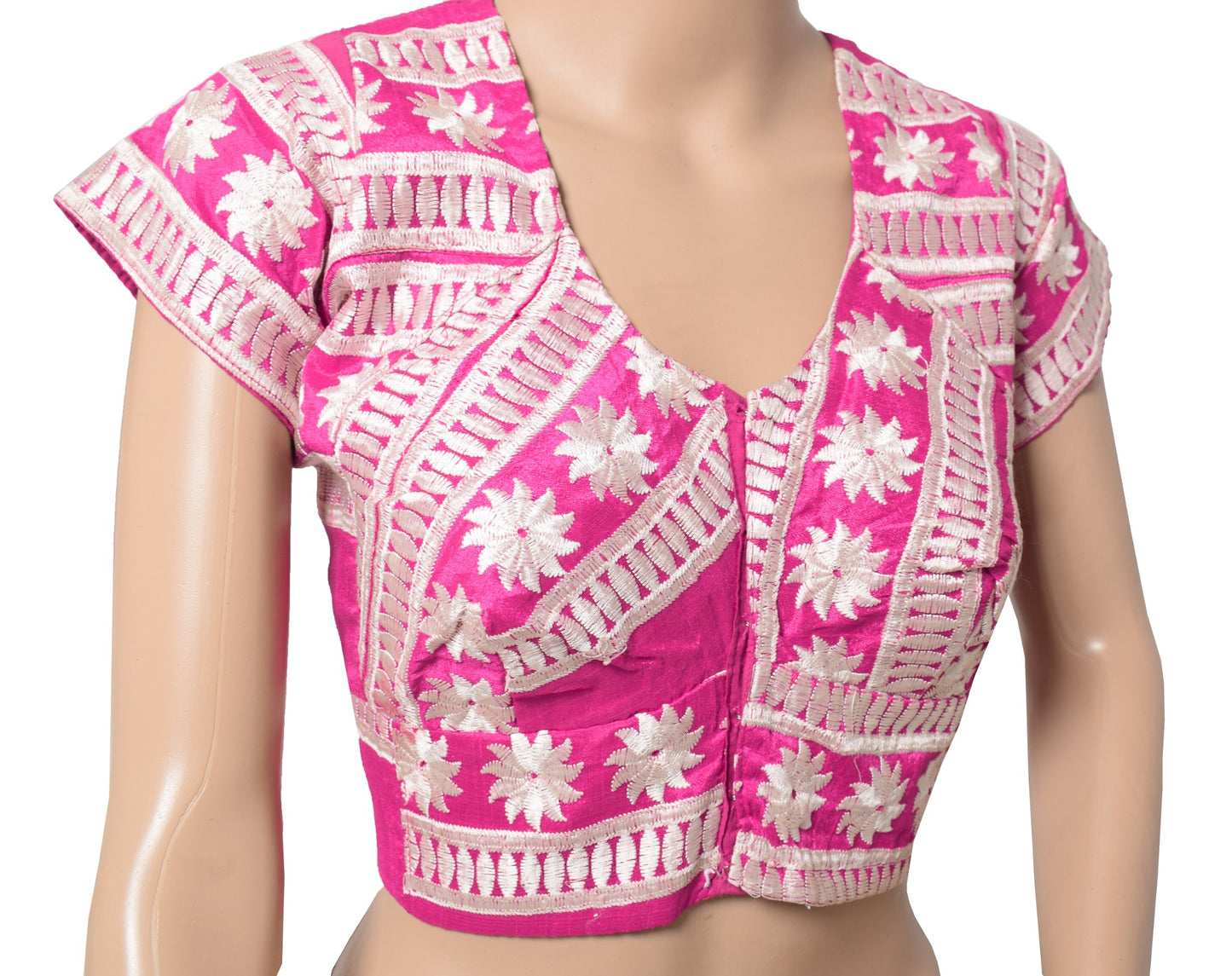 Sushila Vintage Magenta Stitch Sari Blouse Cotton Embroidered Designer Choli 44"