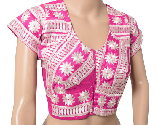 Sushila Vintage Magenta Stitch Sari Blouse Cotton Embroidered Designer Choli 44"