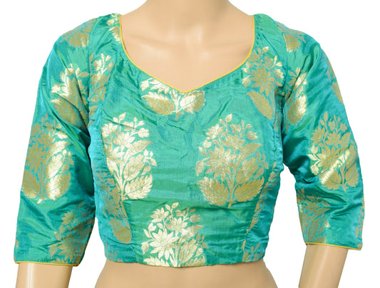 Sushila Vintage Readymade Aqua Green Sari Blouse Banarasi Brocade Silk Choli 36"