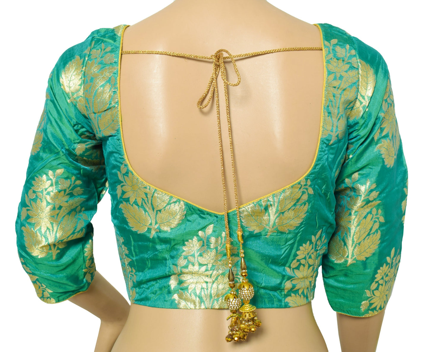 Sushila Vintage Readymade Aqua Green Sari Blouse Banarasi Brocade Silk Choli 36"