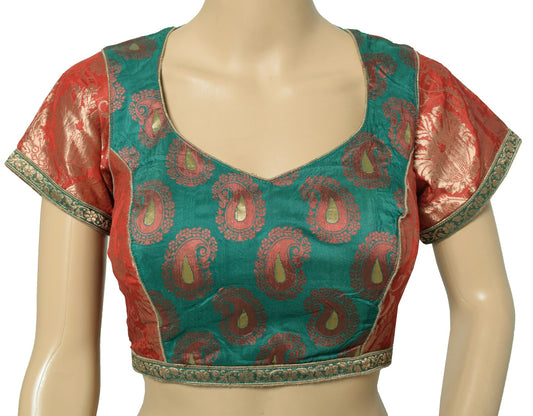 Sushila Vintage Readymade Red Green Sari Blouse Silk Zari Woven Padded Choli 34"